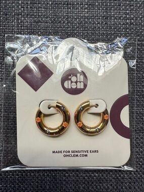 Gold Hoop Earrings with Orange & Purple Flower Accents